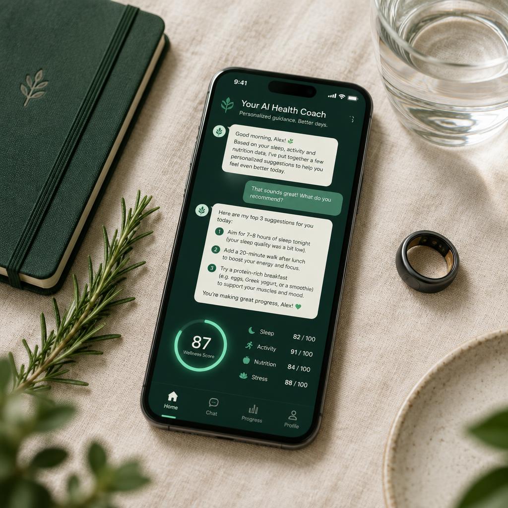 Smartphone on cream linen showing an emerald AI health coach app with a personalized advice chat, a glowing wellness score ring and sleep, activity, nutrition and stress scores, beside a green notebook, a smart ring, rosemary and a glass of water