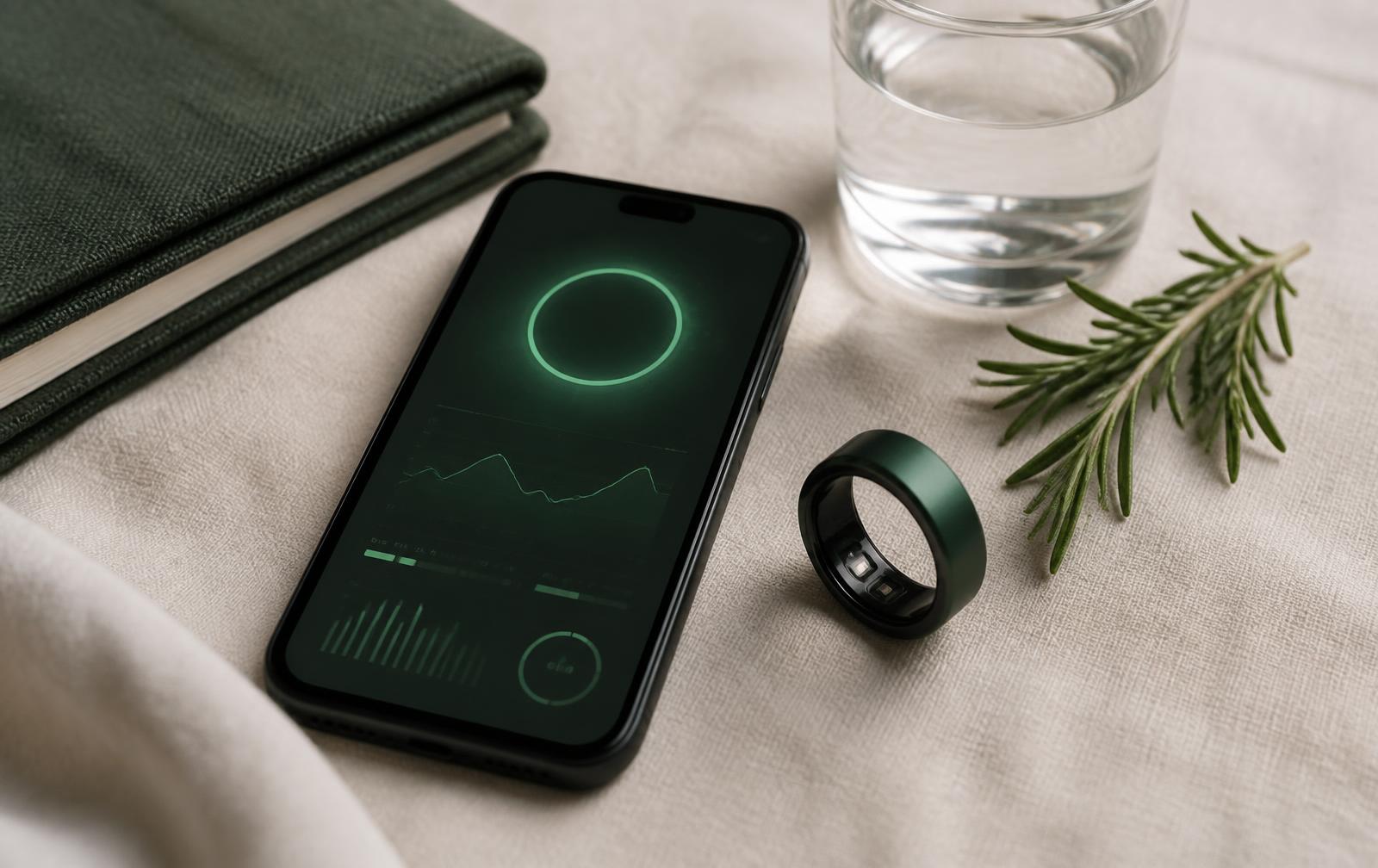 Smartphone on cream linen showing an emerald longevity dashboard with a glowing score ring and trend lines, beside a dark green smart ring, rosemary and a glass of water