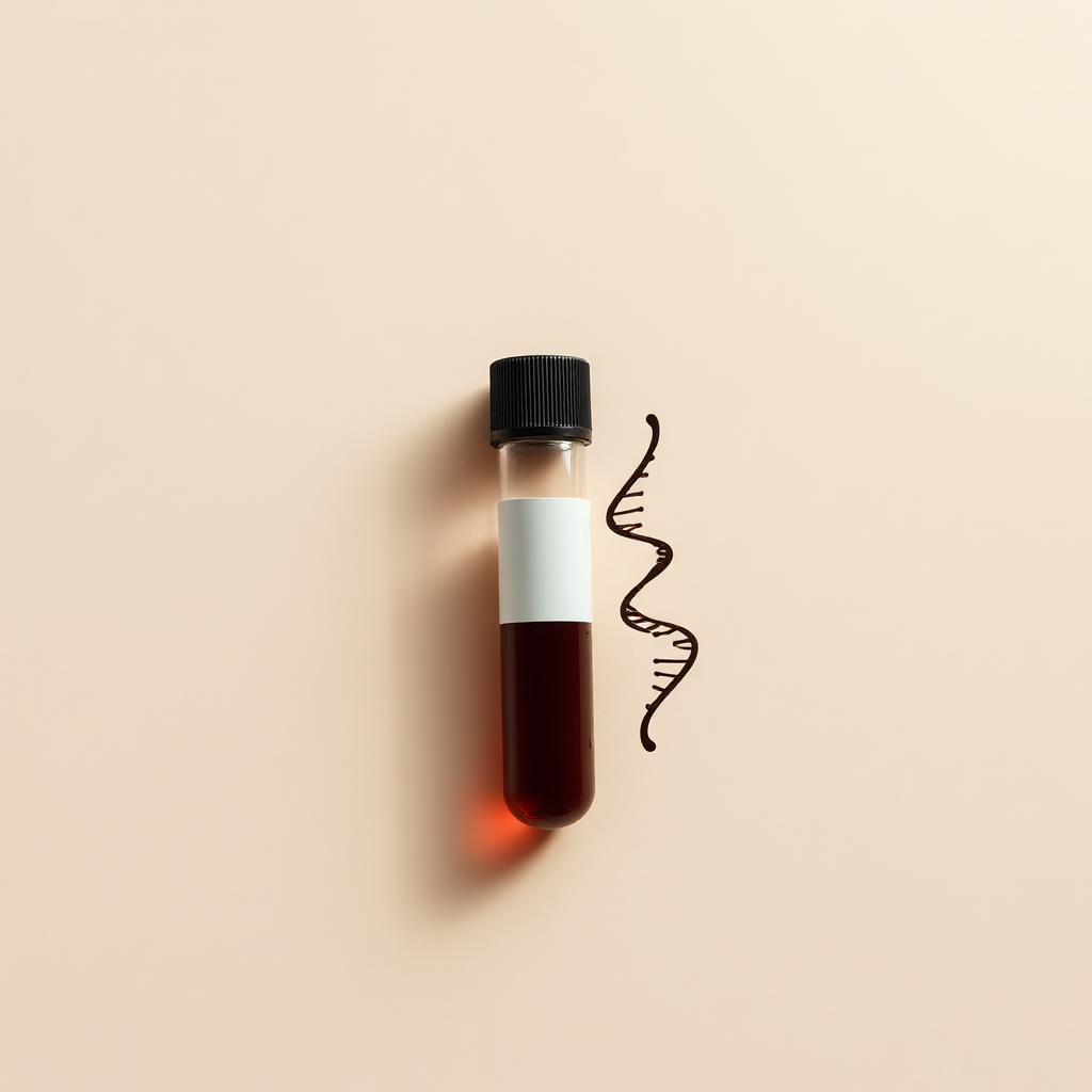 Blood sample vial next to a DNA helix illustration