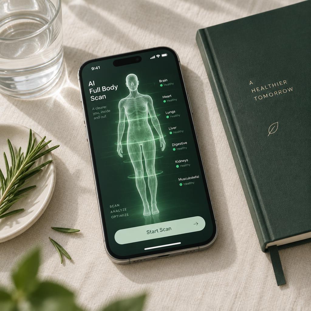 Smartphone on cream linen showing an emerald AI full body scan with a glowing human body silhouette and organ readouts, beside a dark green notebook, rosemary and a glass of water