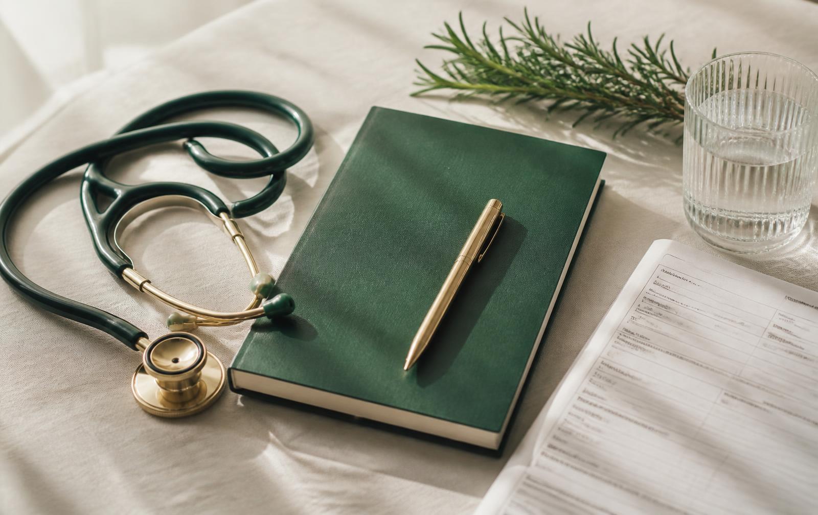 Dark green stethoscope, green notebook with gold pen, glass of water, rosemary and a blank health questionnaire form on cream linen