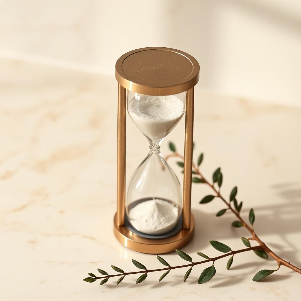 Elegant hourglass on cream marble next to a green sprig, symbolizing reversing time