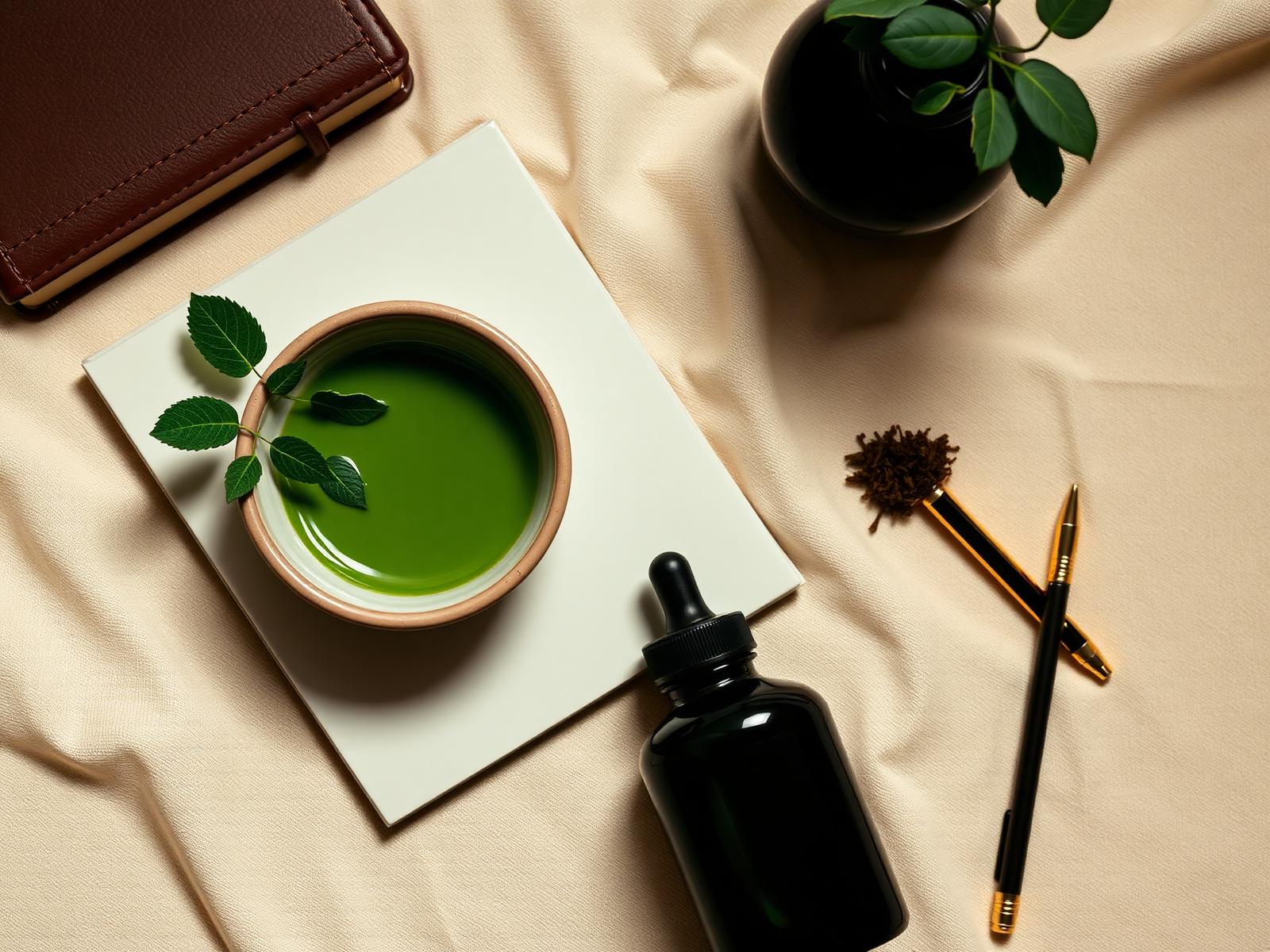 A morning wellness ritual — journal, matcha, herbs, tincture